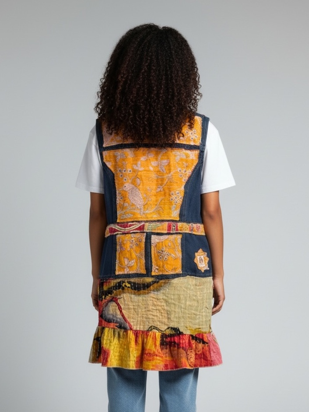 Upcycled Denim Duster Vest Kantha Patchwork Boho Wearable Art Festival Jacket L - Picture 4 of 8
